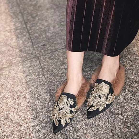 Neiman Marcus Black Satin Velvet Embroidered Lamb Fur Loafers - Picture 2 of 5